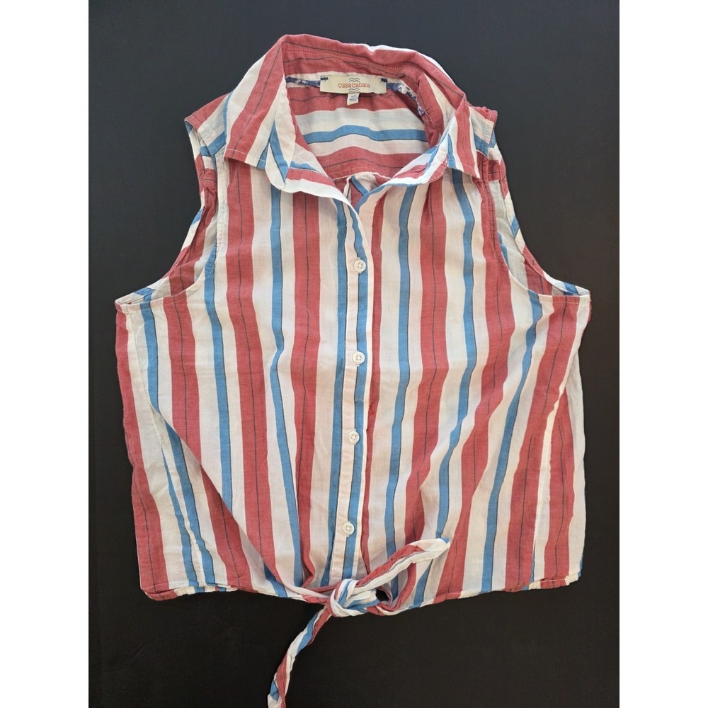 Red White Blue Stripe Sleeveless Blouse Sz XS 100% Cotton Casa Cabana July 4th